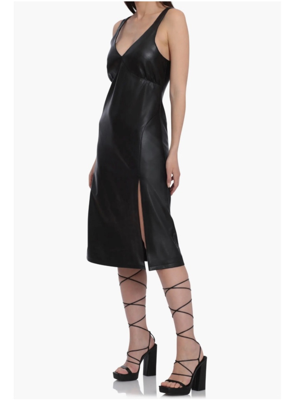 Avec Les Filles Black Faux Leather Sleevless V=Neck Midi Dress Size Small Vegan